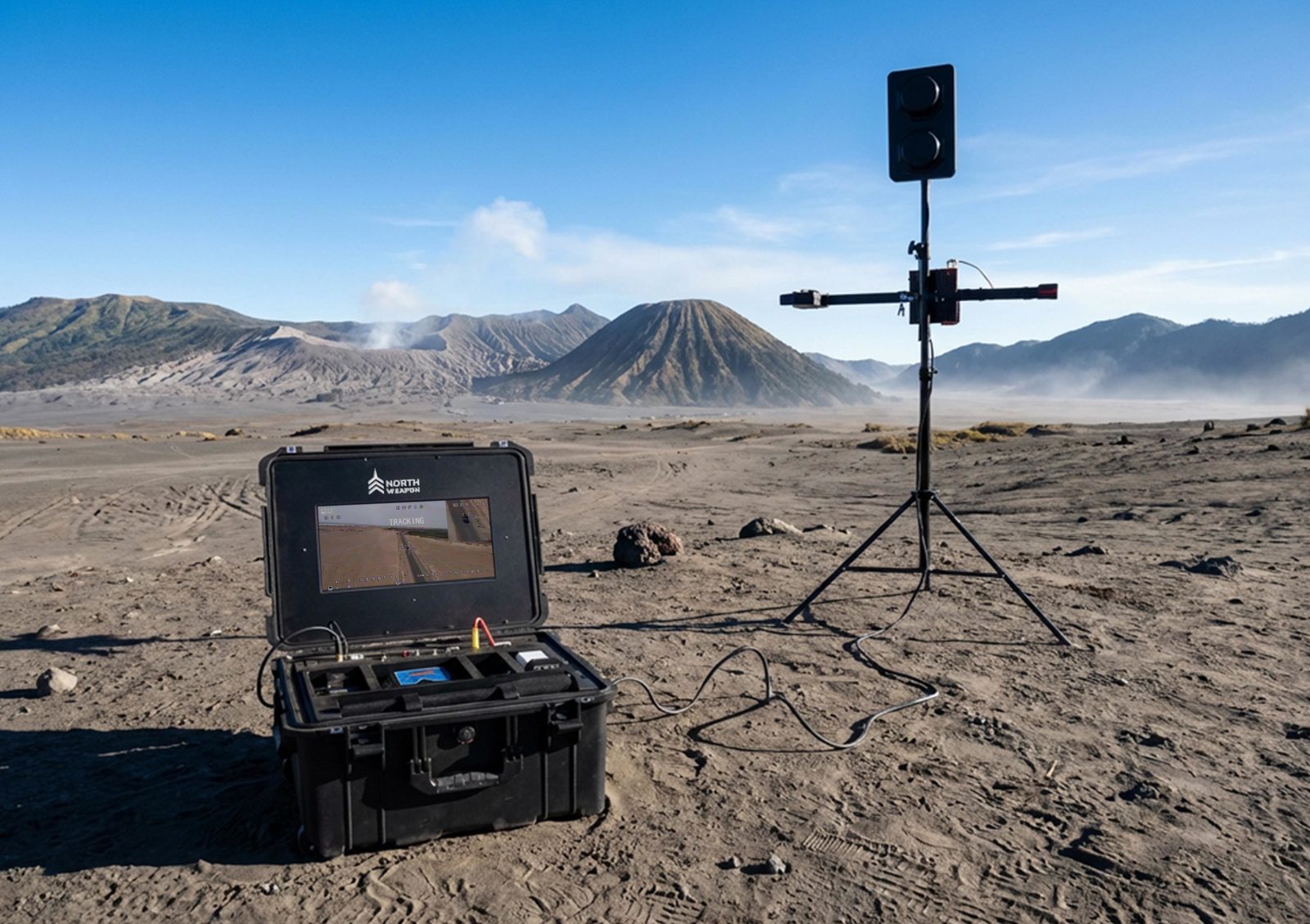 Ground station case and mast antenna in open country